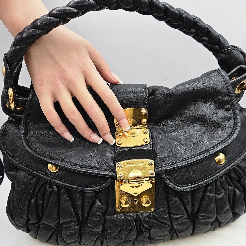 Black Leather Shoulder Bag with Gold Hardware